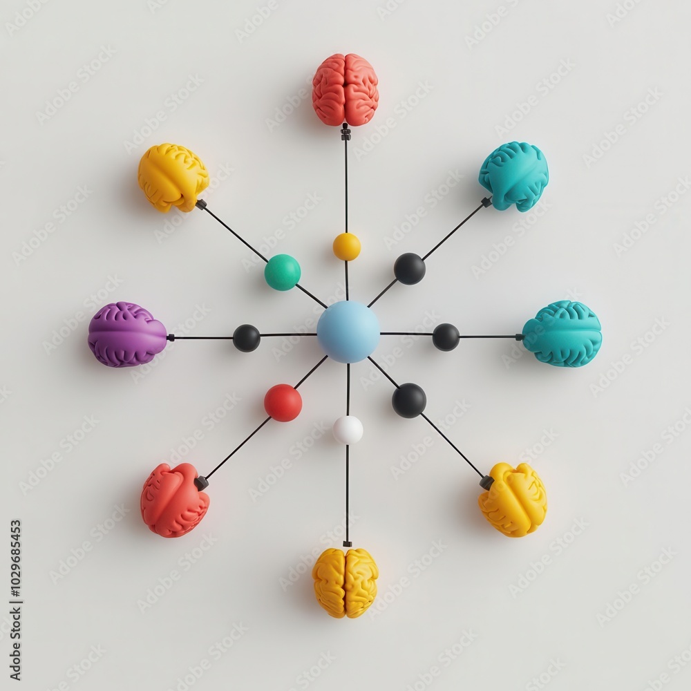 Poster colorful brain models connected by lines, creating a star-like structure representing neural connect