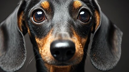 A black and tan dachshund stares intently at the camera