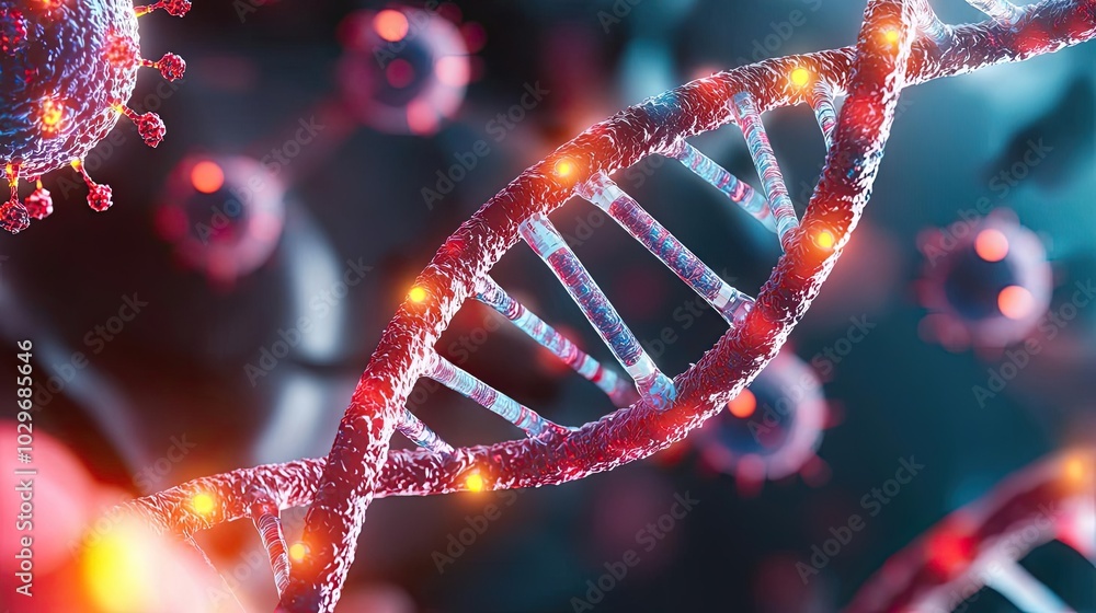 Aufkleber colorful dna strand floating in a microscopic environment with viruses.