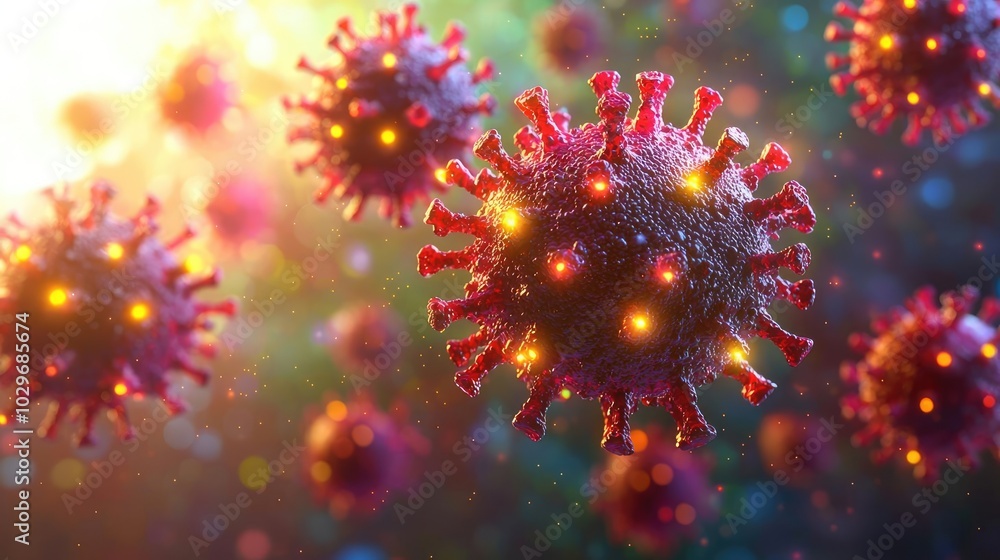 Poster colorful depiction of viruses glowing in a microscopic view.
