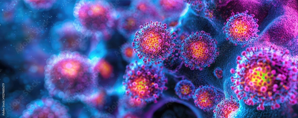Poster colorful microscopic view of viruses on a dark background.