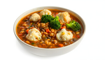 Vegetarian lentils soup with cauliflower and broccoli isolated with white highlights, png