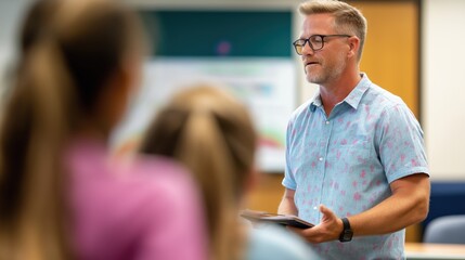 Confident Male Educator Delivering Lecture to Group of Students in Modern Classroom Setting with Digital Technologies