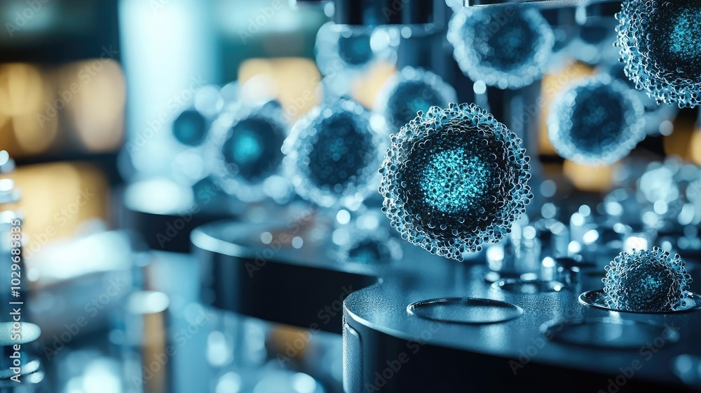 Poster Microscopic view of abstract virus structures in a lab setting.