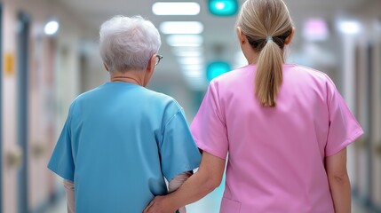 Elderly patient walking with nurse in hospital corridor wearing blue and pink uniforms  Concept of compassionate healthcare senior care patient centered service and positive aging experience