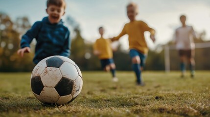 Obraz premium Energetic children of different ages playing an exciting game of soccer together on a lush green outdoor field The kids are running kicking the ball