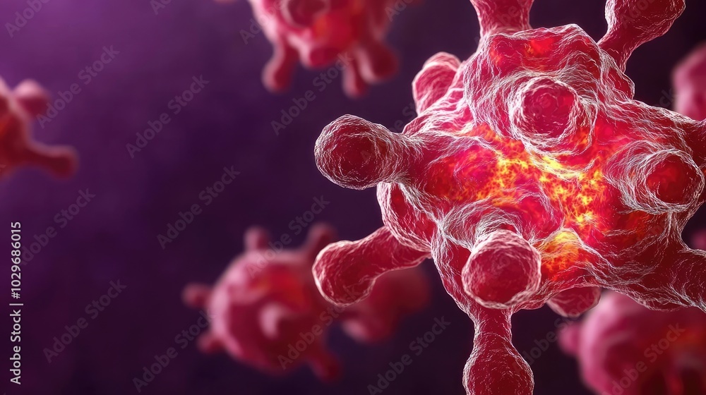 Poster microscopic view of virus cells on a dark background.