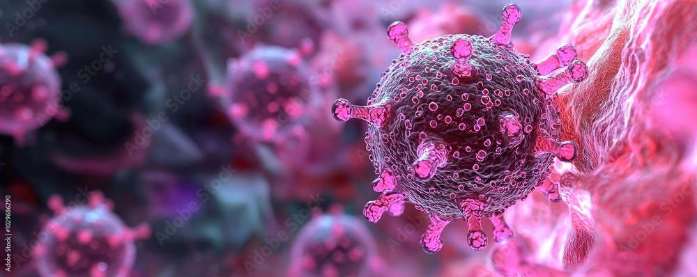 Poster microscopic view of a virus with intricate details on a vibrant background.