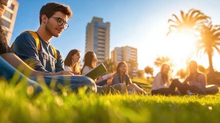 Group of students relaxing and discussing on the lush green lawn of a university campus on a bright sunny day