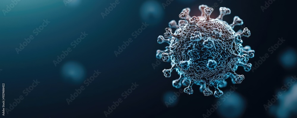 Poster 3d model of a virus cell, dynamic visual representation on dark background