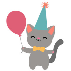 Cute cartoon cat with party hat and balloon celebrating a birthday.
