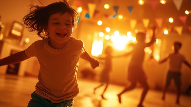 Joyful energetic of a young girl dancing with pure enthusiasm and excitement at a festive holiday party in a cozy well lit home setting decorated with twinkling lights and other