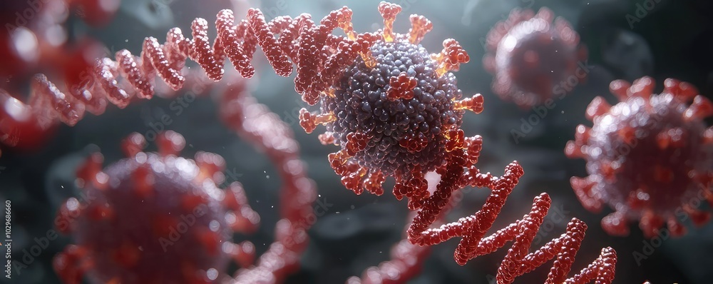 Poster microscopic view of a virus with rna strands, isolated on a dark background.