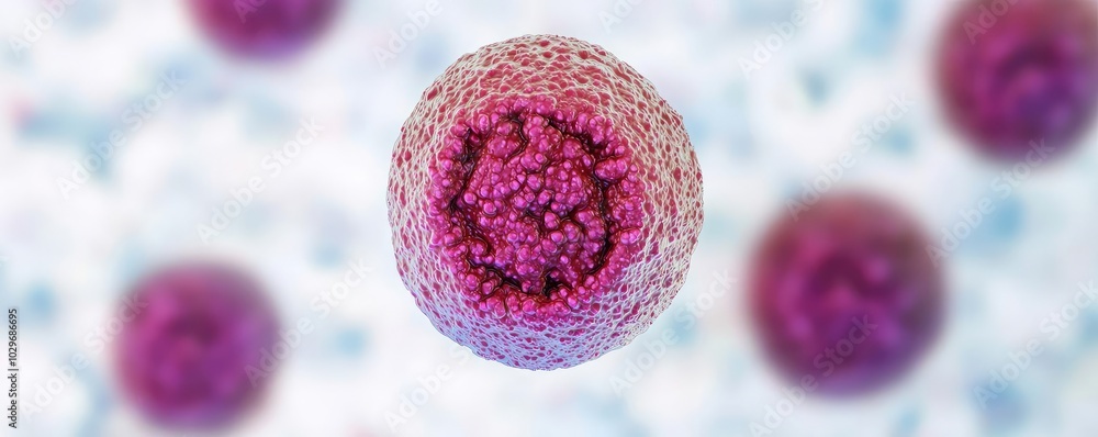 Poster microscopic view of a cell, colorful structure on a blurred background.