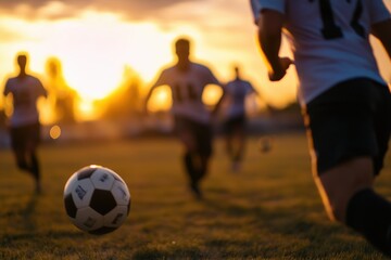 Fototapeta premium Silhouetted players running on a grassy field during a spirited footballsoccer match at golden hour with an orange and yellow sunset sky in the background
