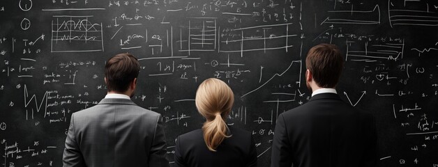 Three business professionals standing in front of a chalkboard covered in complex mathematical formulas equations and symbols  They appear to be collaborating and analyzing the data