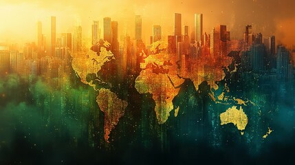 A World Map Silhouetted in a City Skyline with a Glowing Orange Sky