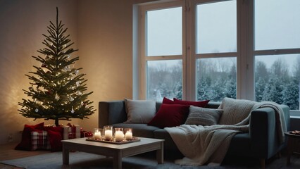 living room with christmas tree