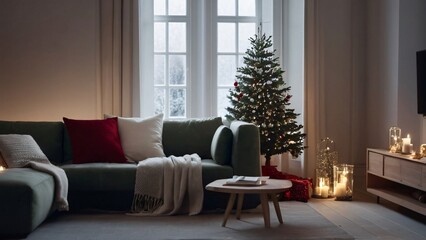 living room with christmas tree