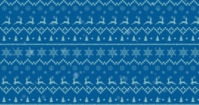 Animation of snow falling over christmas pattern on blue background