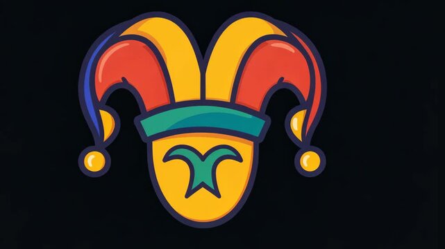A cartoon jester's hat with bells and a green face on a black background