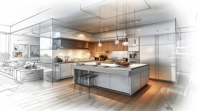 An interior sketch outlines the blueprint design of  modern kitchen 