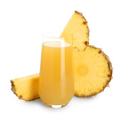 Glass with pineapple juice and pieces of fresh fruit isolated on white