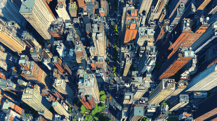 Fototapeta premium Cartoon drawing doodle map of Manhattan, New York City, NYC, top-down view, plan view. 3D colorful line hand drawn illustration of midtown nyc. 