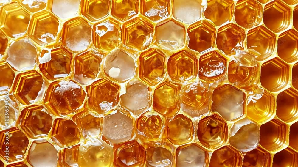 Poster a close-up of honeycomb filled with honey, showcasing the intricate hexagonal structure and the gold