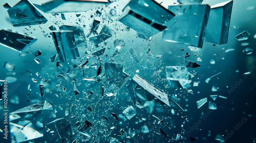 Poster shattered glass fragments fly through the air, creating a mesmerizing and abstract pattern against a
