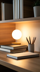 Cozy desk setup with lamp and stationery.