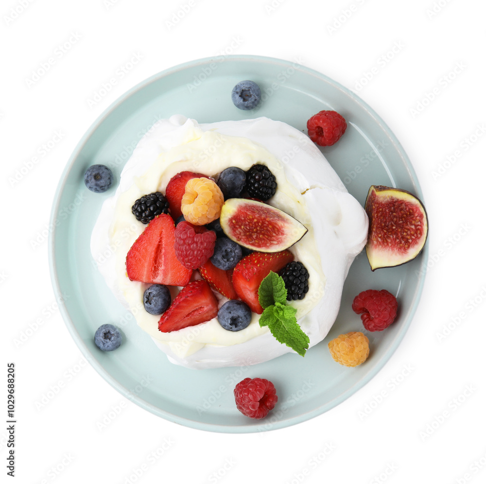 Canvas Prints Pavlova cake (meringue dessert) with whipped cream, fresh berries, mint and fig isolated on white, top view