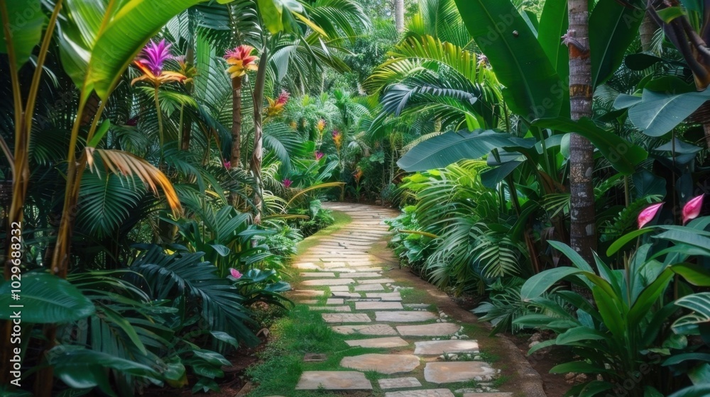 Wall mural Lush Garden Path with Vibrant Green Plants