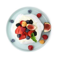 Pavlova cake (meringue dessert) with whipped cream, fresh berries, mint and fig isolated on white, top view