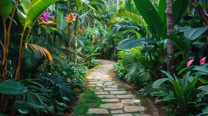 Fototapeta premium Lush Garden Path with Vibrant Green Plants