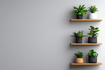 Green plants on wooden shelves against a wall