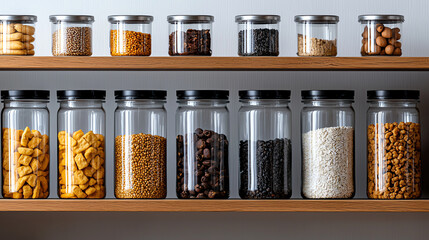Jars of snacks on wooden shelf, white background