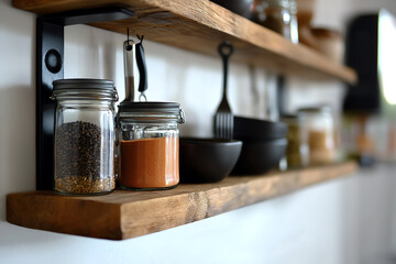 Kitchen shelf with spices and jars, white background