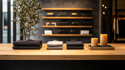 Minimalist display of towels and candles.