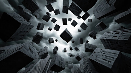 Obraz premium Surreal Floating Buildings in Stormy Sky, Futuristic and Abstract Cityscape, Ideal for Sci-Fi and Conceptual Art