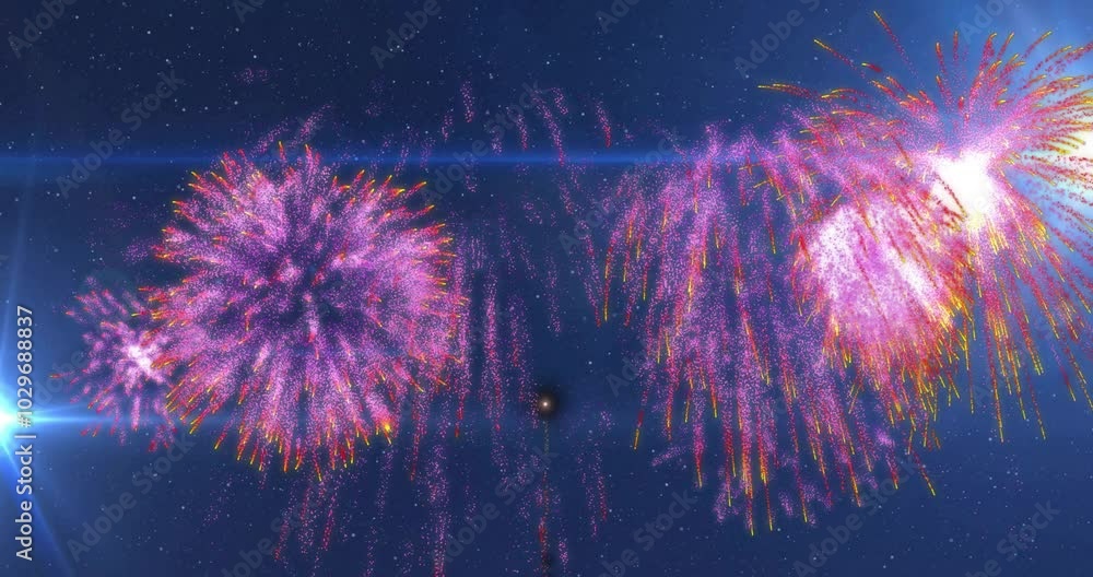 Aufkleber animation of exploding fireworks and glowing light trails moving over blue background