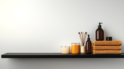 Stylish bathroom shelf with towels and products.