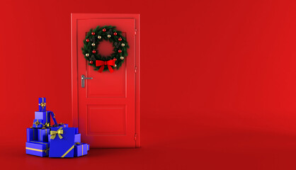 Festive Christmas wreath made of fir branches and gift wrapping on a red door. Festive atmosphere. © adobedesigner