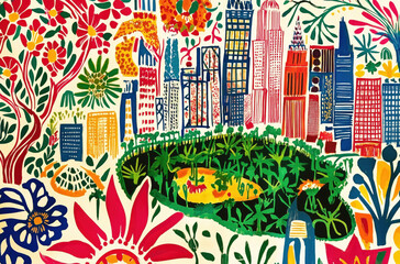 Cartoon drawing doodle map of Manhattan, New York City, NYC, top-down view, plan view. 3D colorful line hand drawn illustration of midtown nyc.	