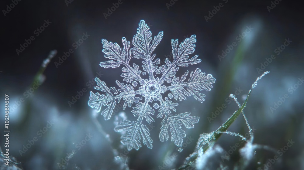 Poster this intricate snowflake showcases its unique structure while resting delicately on a frosty surface