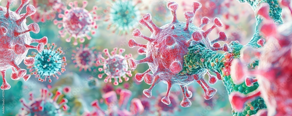 Aufkleber colorful virus particles in a detailed microscopic view on a blurred background.