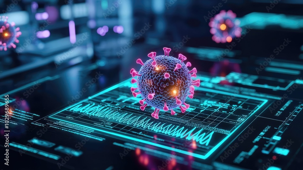 Poster 3d virus illustration with digital data visualization, futuristic background.