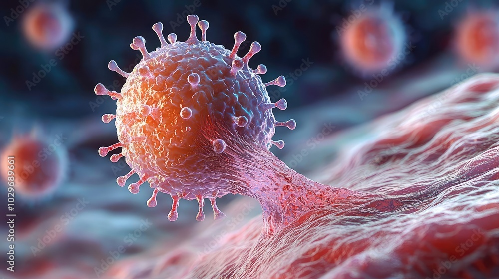 Poster microscopic view of a virus attacking a cell, white isolate background.