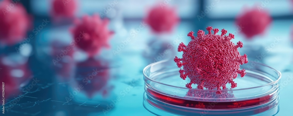 Poster 3d representation of a virus in a petri dish on a lab table.