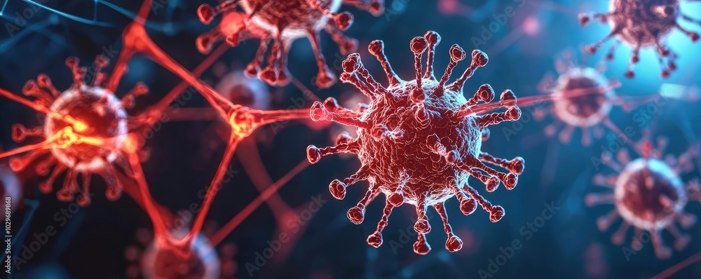 Poster 3D rendering of a virus with red spikes on a blue background.